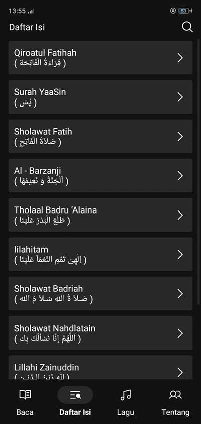 Tampilan halaman daftar isi al-barzanji nw mode gelap