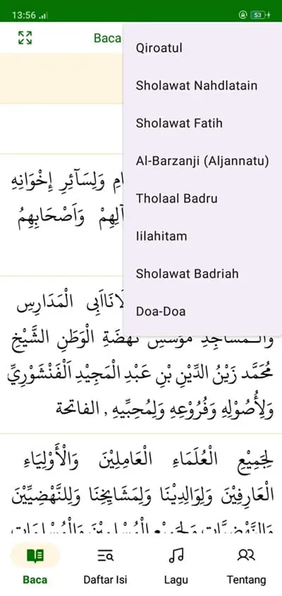 Tampilan halaman list baca al barzanji nw mode terang