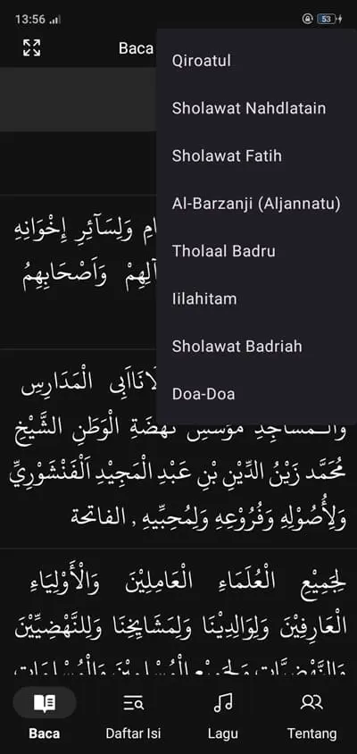 Tampilan halaman list baca al-barzanji nw mode gelap