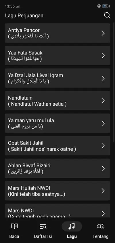 Tampilan halaman list lagu perjuangan nw mode gelap