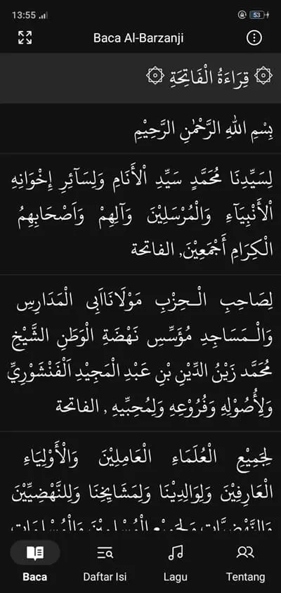 Tampilan halaman baca al Al-Barzanji nw mode gelap
