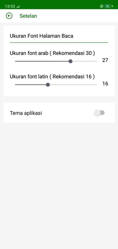 Tampilan halaman pengaturan mode terang